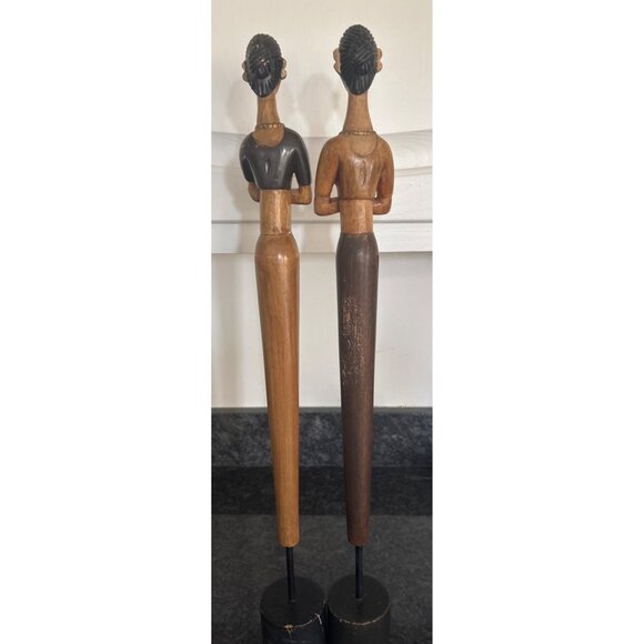 Hand-Carved African-Inspired Wooden Female Figurines Statues On Black Stands - Picture 8 of 16
